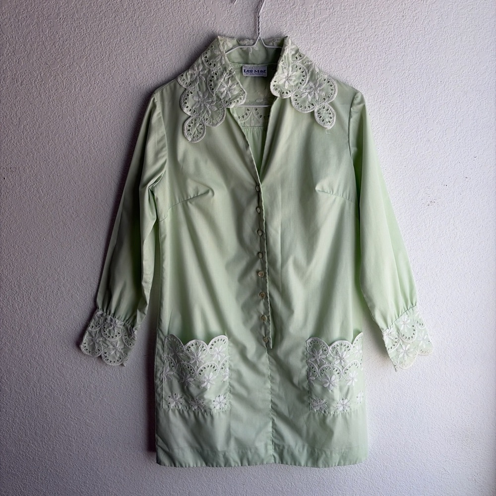 Vintage Retro LEE MAR Nightgown Chemise HouseDress Sz XS S Green Embroidered